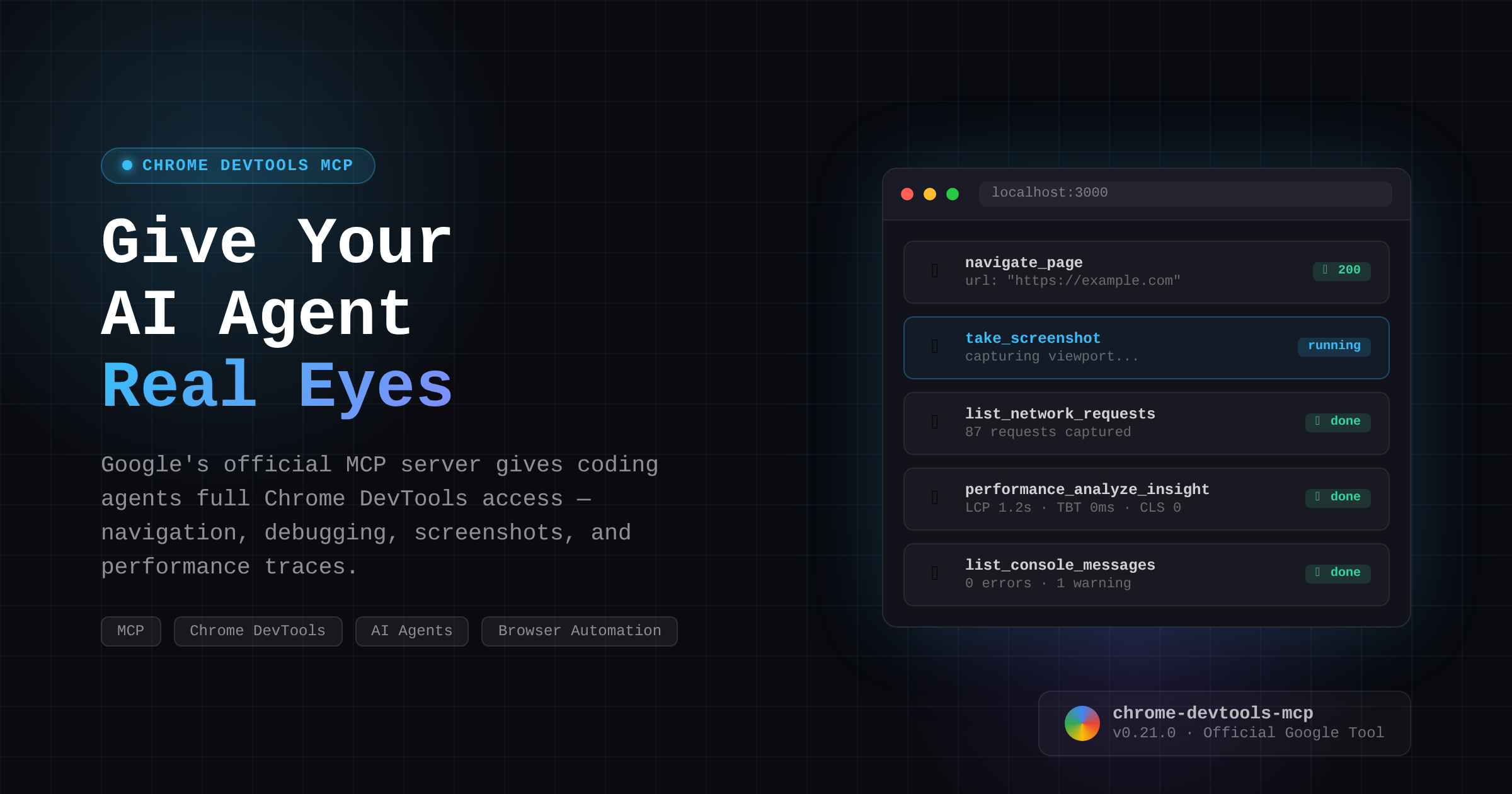 Chrome DevTools MCP — AI agent browser control interface showing navigate, screenshot, network, and performance tools