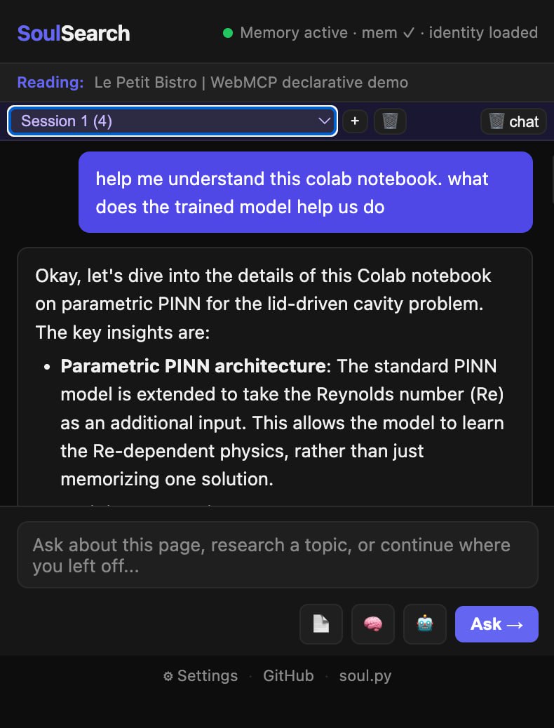SoulSearch explaining a PINN notebook on Google Colab