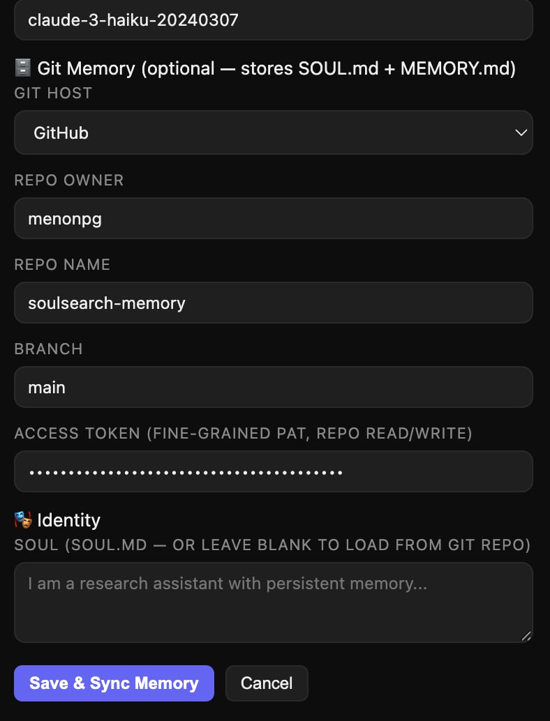 SoulSearch settings panel showing Git memory repository configuration