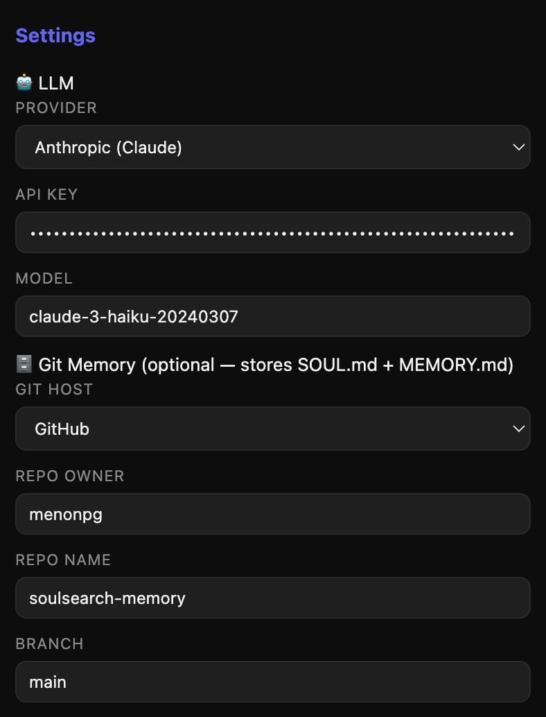 SoulSearch settings panel showing LLM provider and API key configuration
